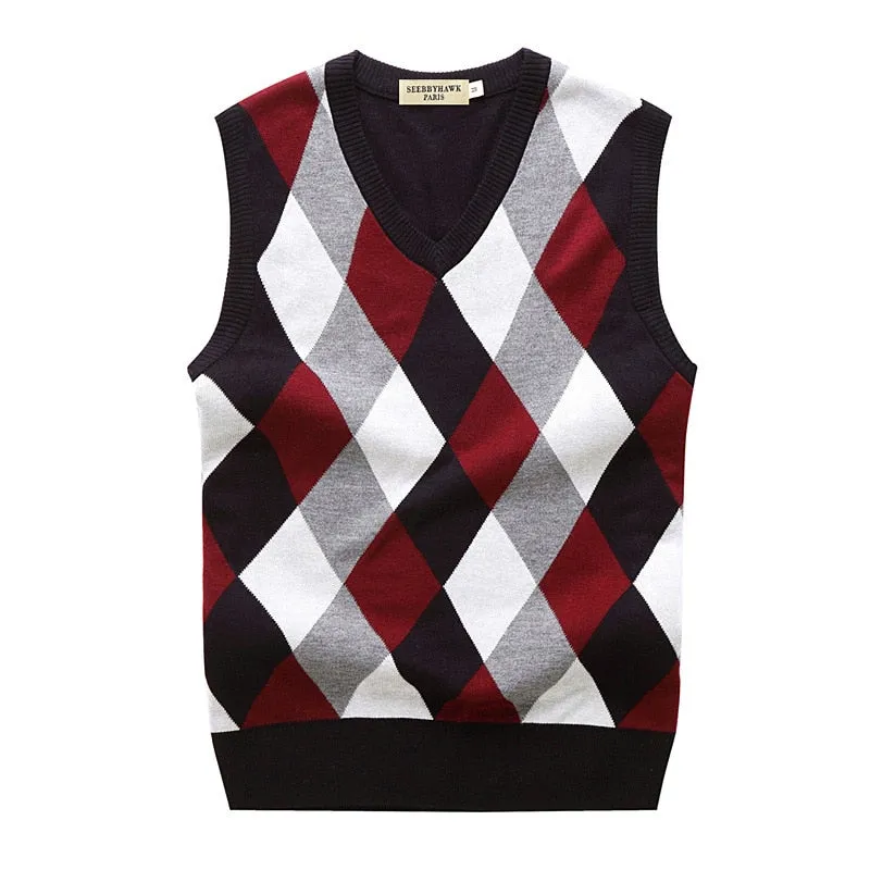 Autumn Spring Warm Thick Sleeveless V-Neck Argyle Slim Fit Fashion Sweaters Vest Knitted Cotton Casual Wool