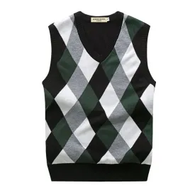 Autumn Spring Warm Thick Sleeveless V-Neck Argyle Slim Fit Fashion Sweaters Vest Knitted Cotton Casual Wool