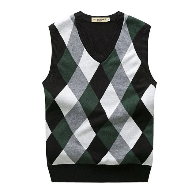 Autumn Spring Warm Thick Sleeveless V-Neck Argyle Slim Fit Fashion Sweaters Vest Knitted Cotton Casual Wool