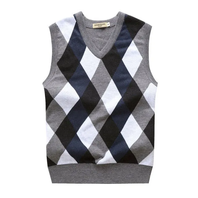 Autumn Spring Warm Thick Sleeveless V-Neck Argyle Slim Fit Fashion Sweaters Vest Knitted Cotton Casual Wool