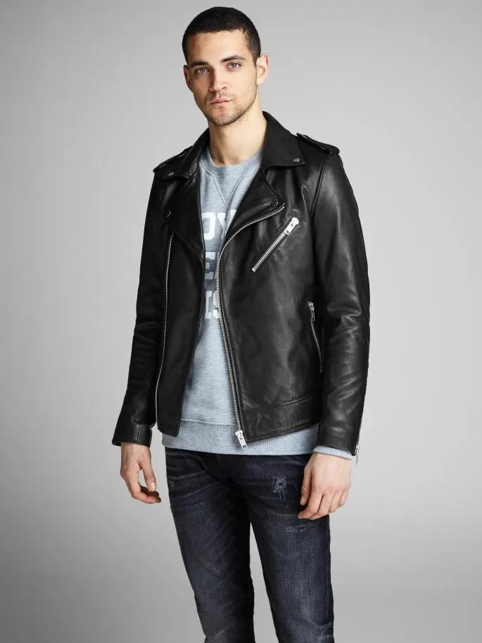 Best Shiny Black Biker Stylish Leather Jacket For Men by TJS