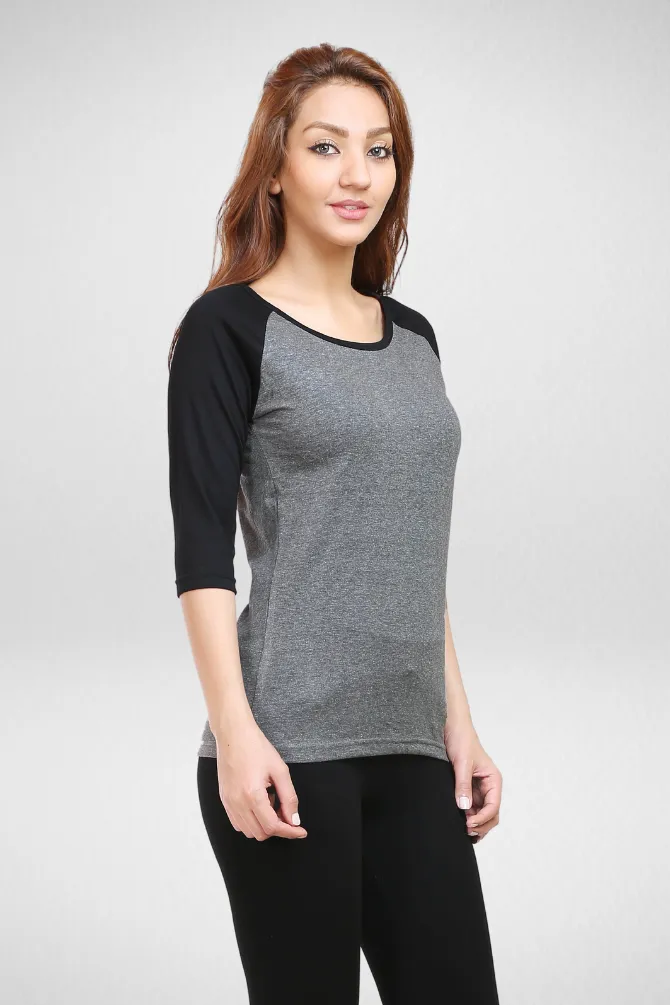 Black Charcoal Melange Raglan Sleeve T-shirt for women