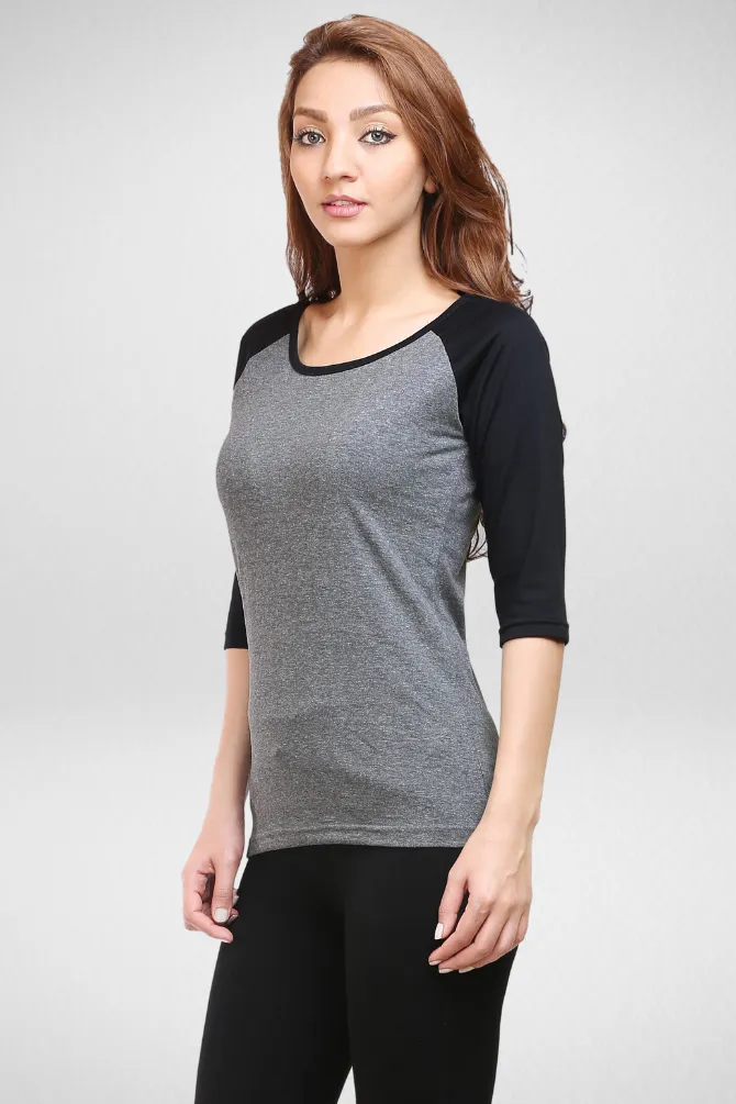 Black Charcoal Melange Raglan Sleeve T-shirt for women