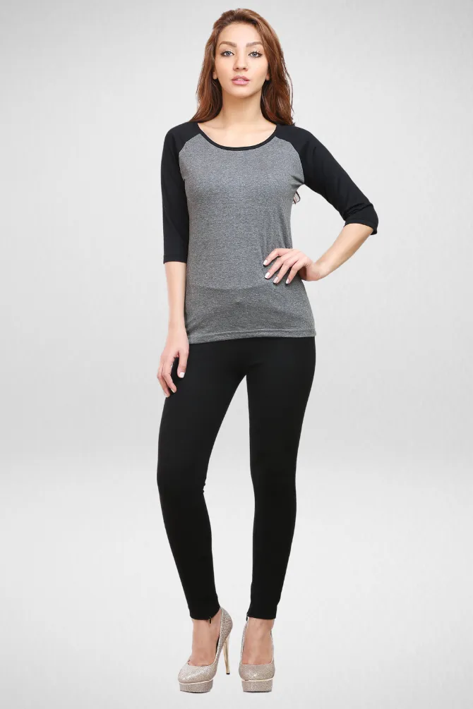 Black Charcoal Melange Raglan Sleeve T-shirt for women