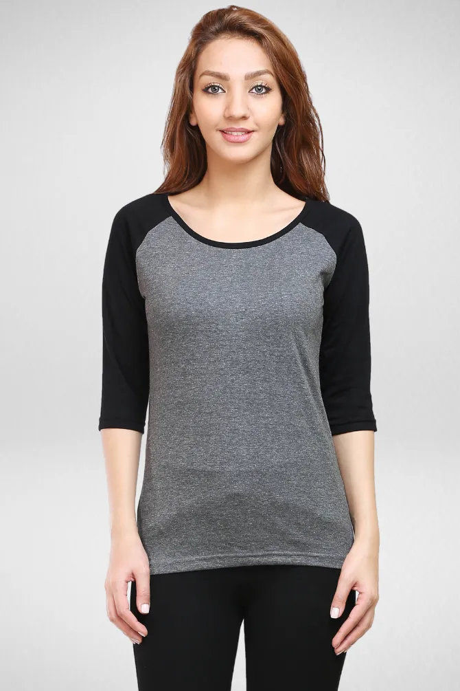 Black Charcoal Melange Raglan Sleeve T-shirt for women