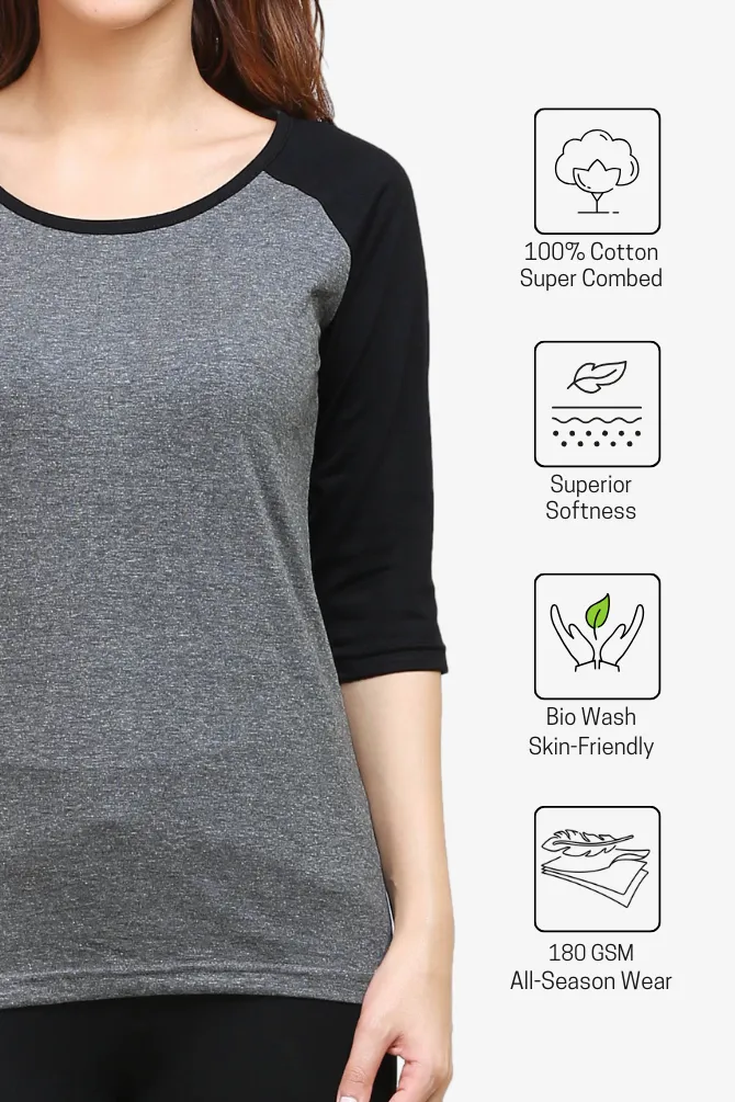Black Charcoal Melange Raglan Sleeve T-shirt for women