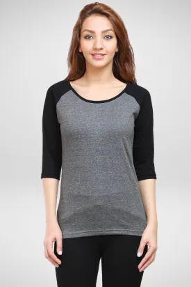 Black Charcoal Melange Raglan Sleeve T-shirt for women