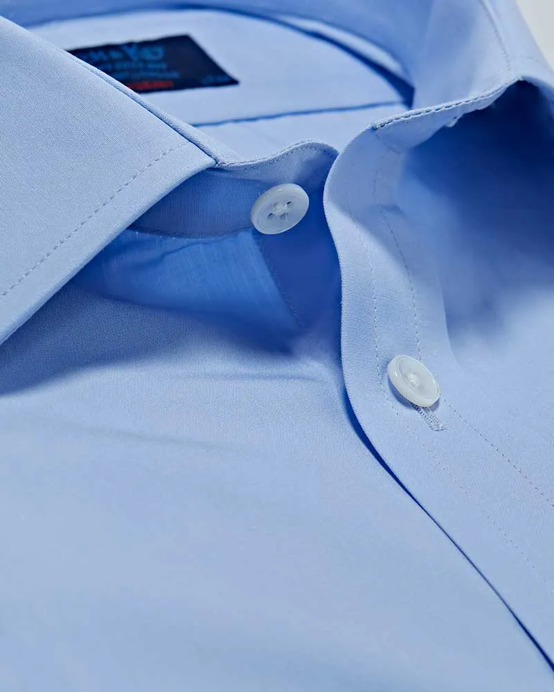 Contemporary Fit Plain Sky Blue Cotton Poplin Shirt with Classic Collar & Two Button Cuff