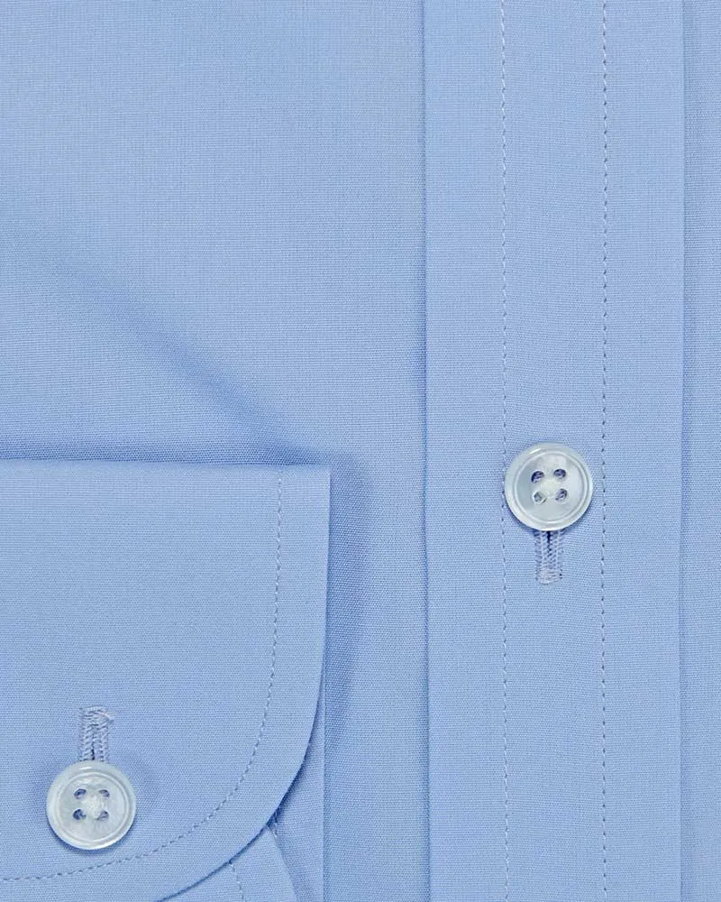 Contemporary Fit Plain Sky Blue Cotton Poplin Shirt with Classic Collar & Two Button Cuff