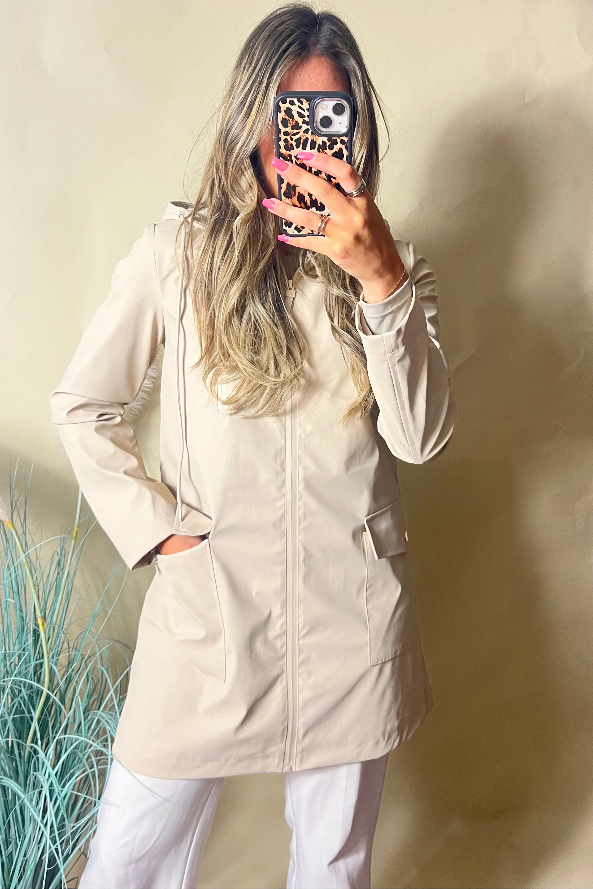Cream longline Mac with hood