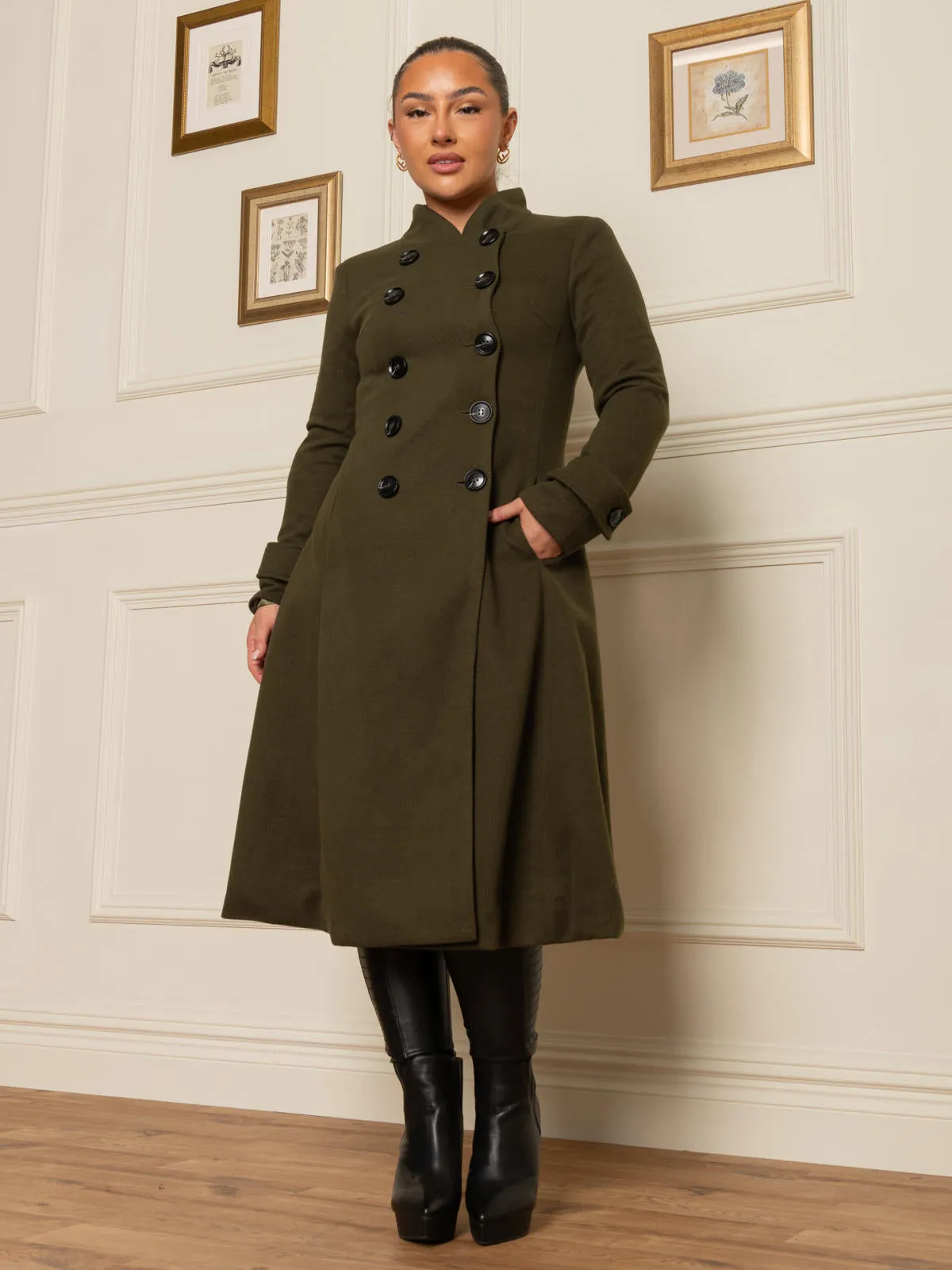 Double Breasted Button Detail Fit And Flare Coat, Soldier Green