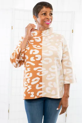 Easy to Love Rust Color Block Cheetah Mock Neck Bell Sleeve Sweater