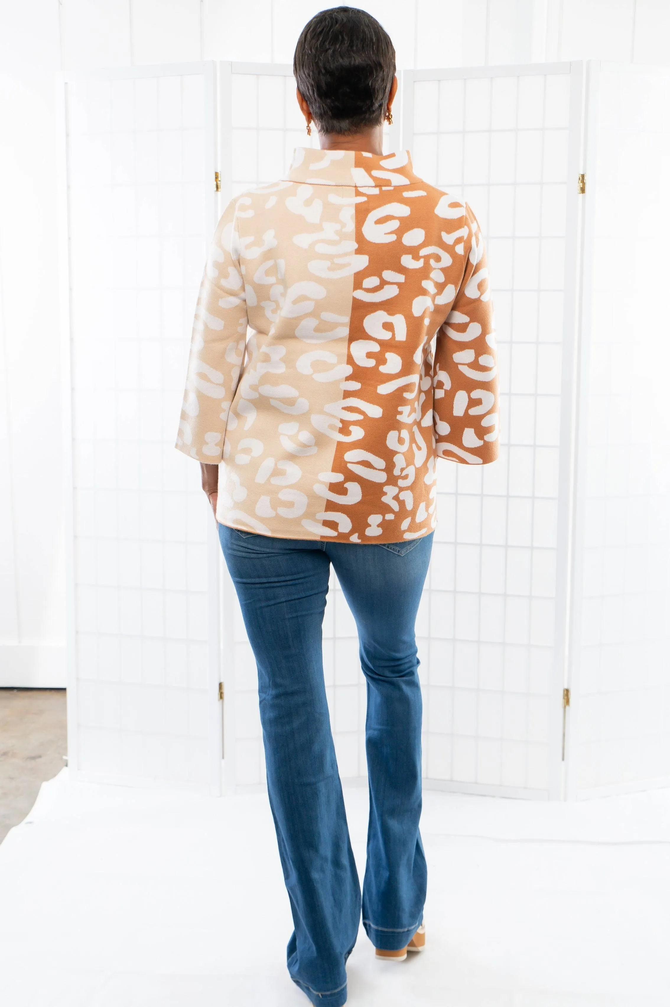 Easy to Love Rust Color Block Cheetah Mock Neck Bell Sleeve Sweater