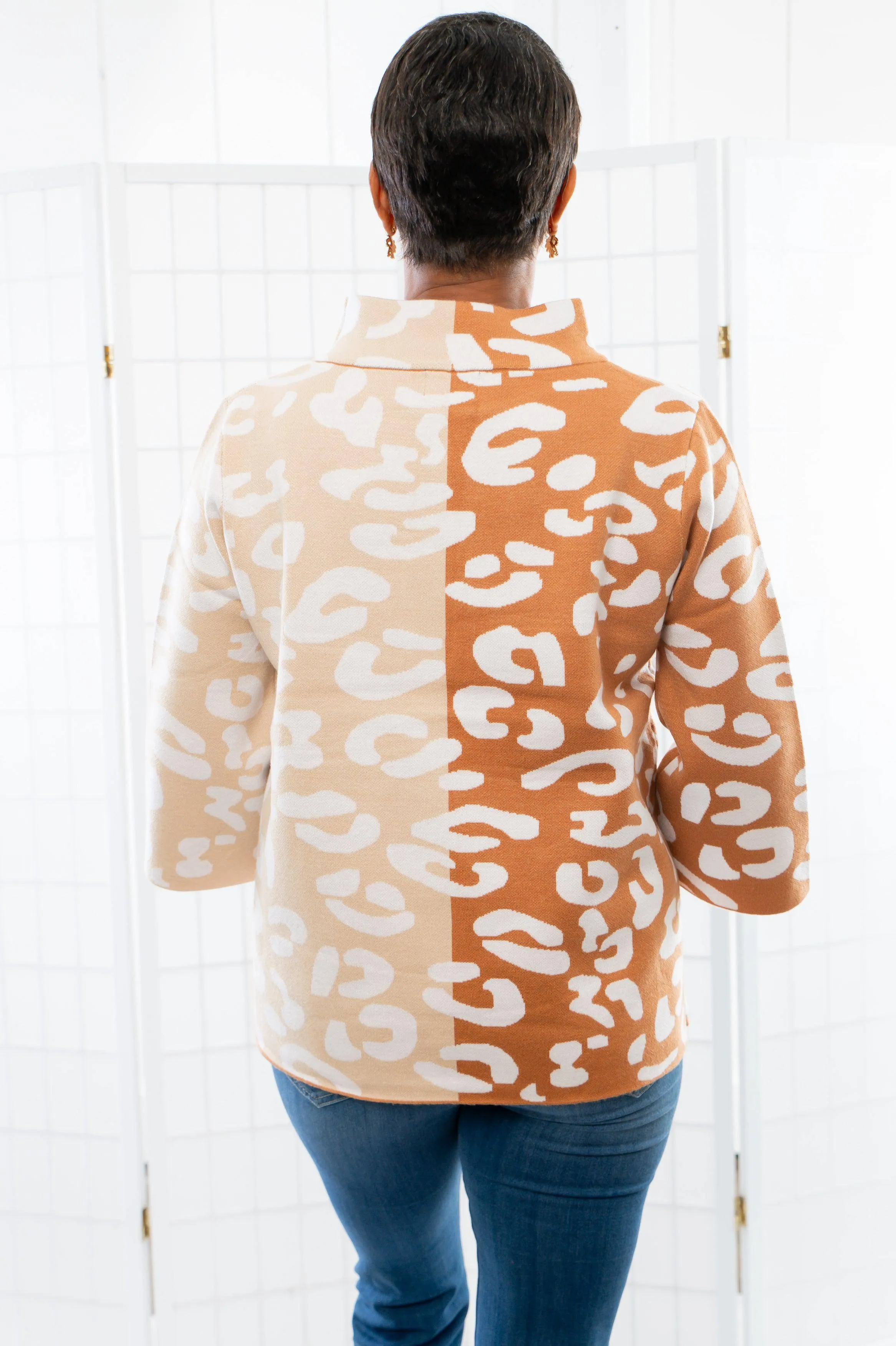 Easy to Love Rust Color Block Cheetah Mock Neck Bell Sleeve Sweater