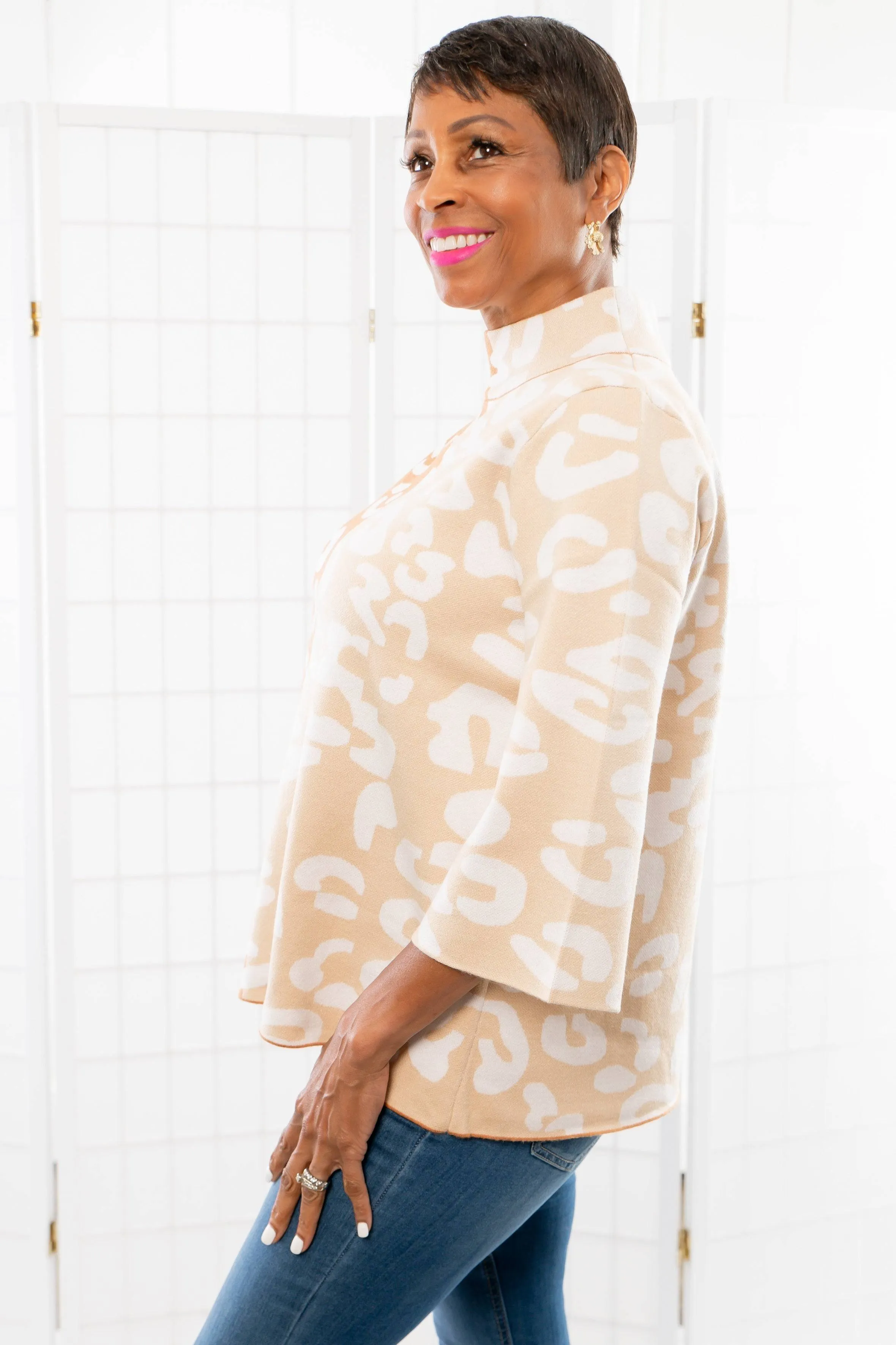 Easy to Love Rust Color Block Cheetah Mock Neck Bell Sleeve Sweater