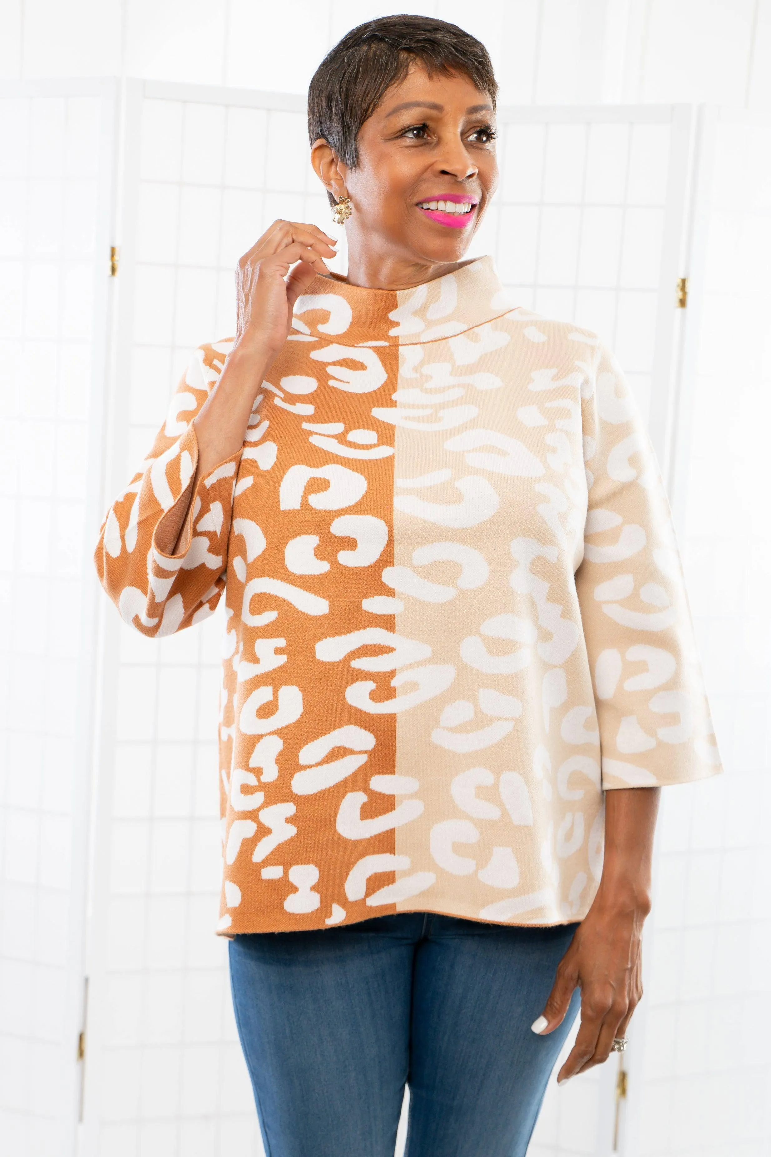 Easy to Love Rust Color Block Cheetah Mock Neck Bell Sleeve Sweater