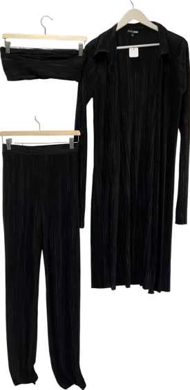 Fashion Nova Black Three Piece Pant Set, Trousers, Bandeau Top And Longline Jacket UK M