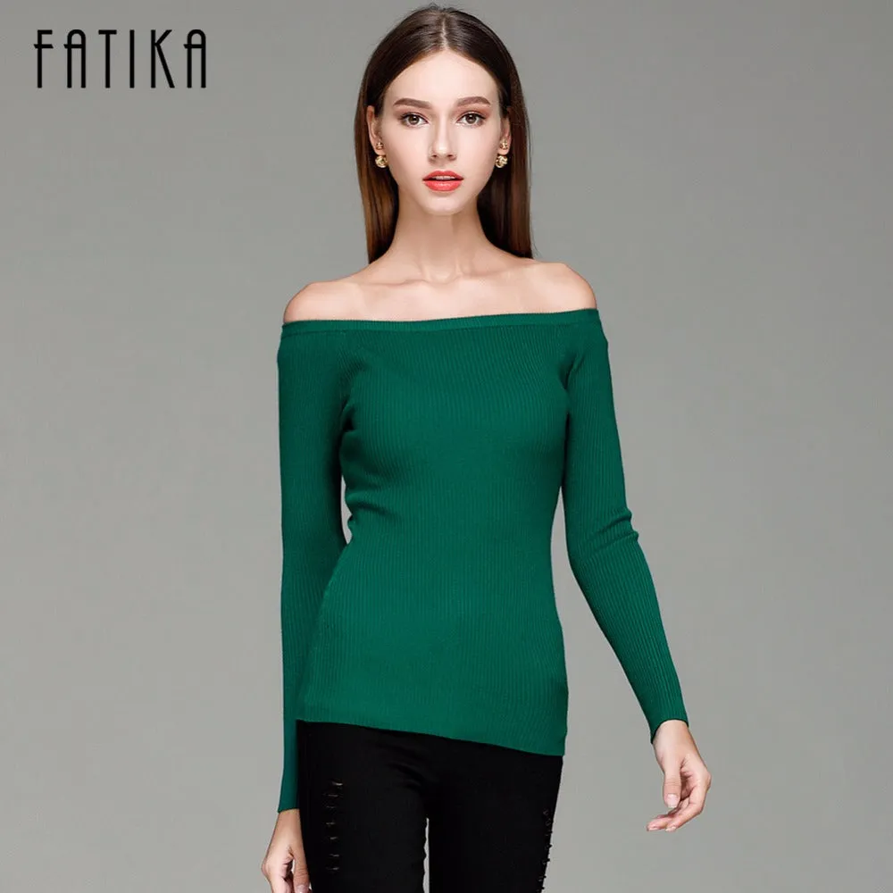 FATIKA Autumn and Winter Basic Women Sweater slit neckline Strapless Sweater thickening Sweater Off Shoulder Pullover Sweaters