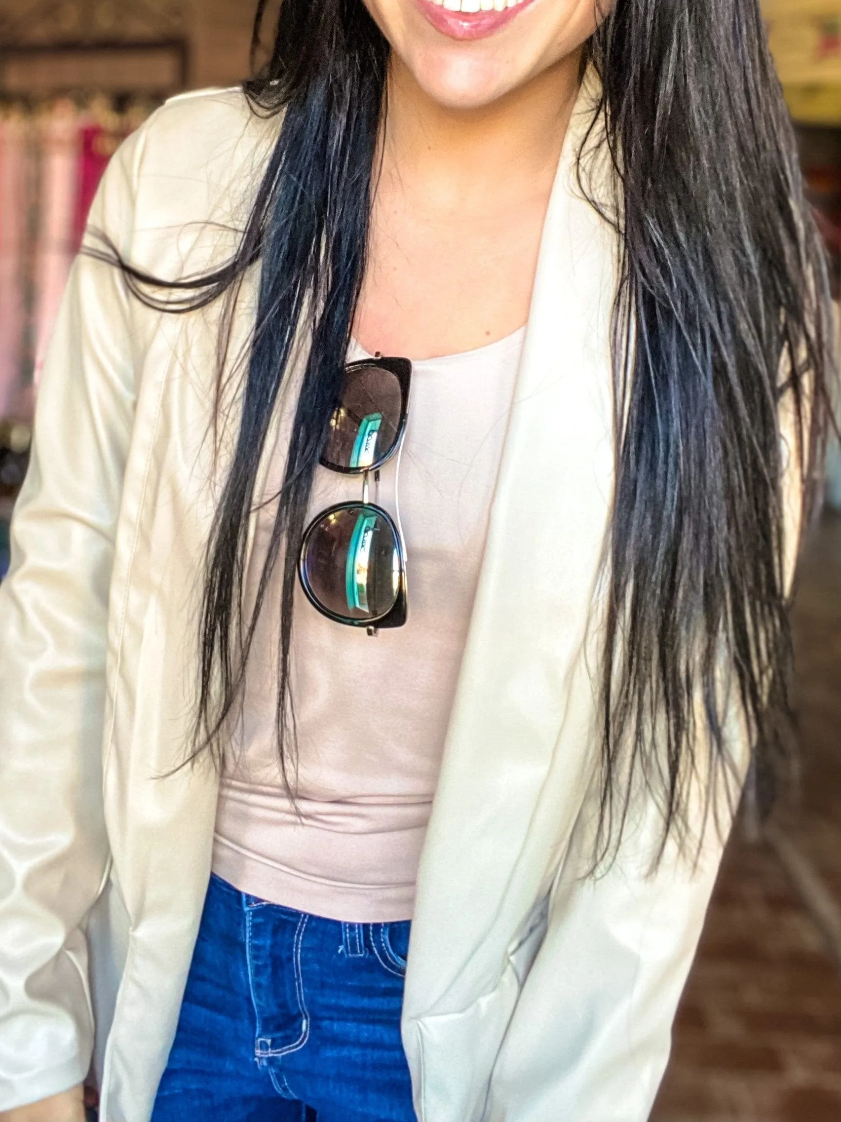 Faux Leather Blazer Cream