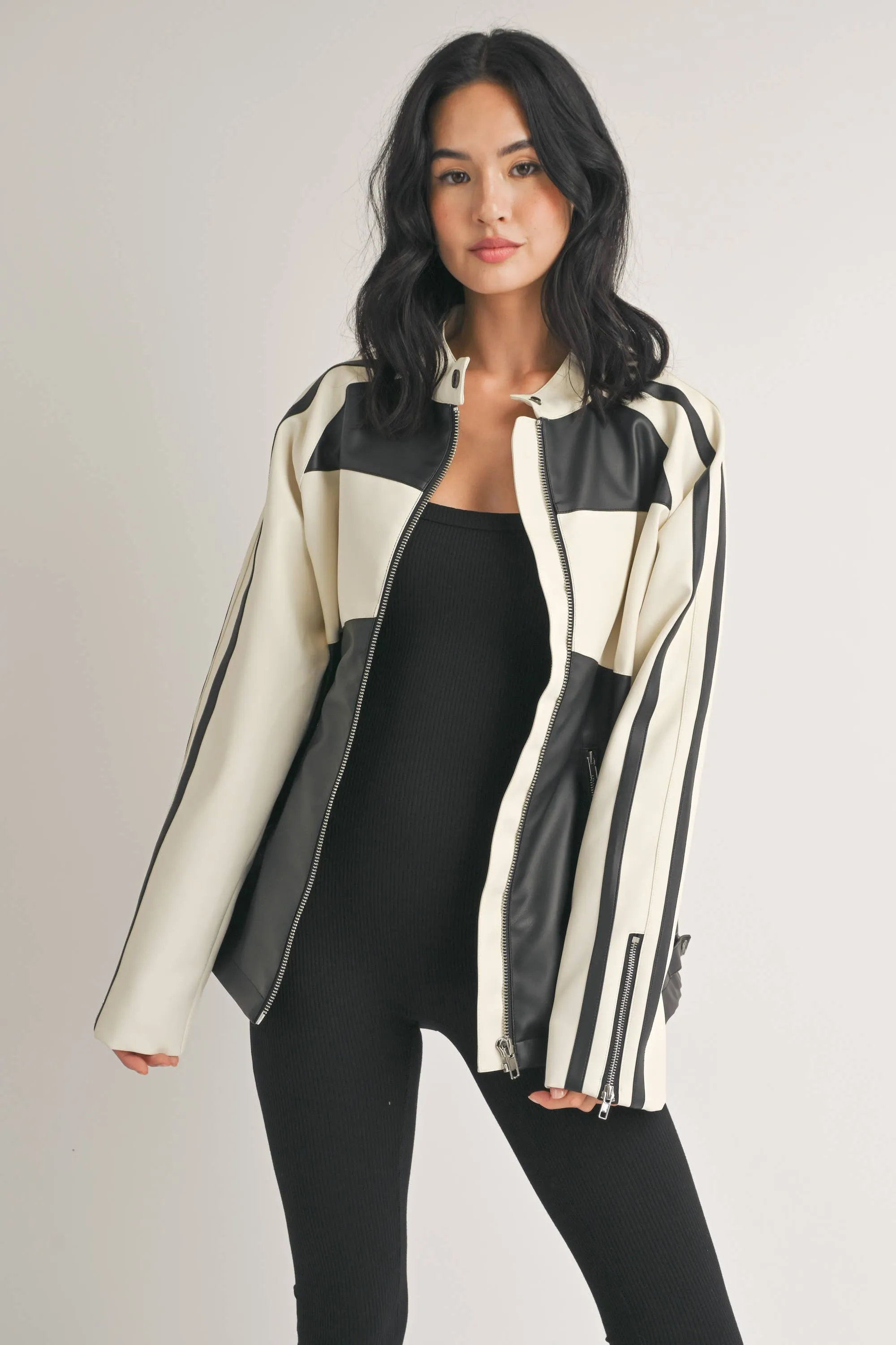 Faux Leather Moto Jacket -  Ivory/Black LAST ONE!