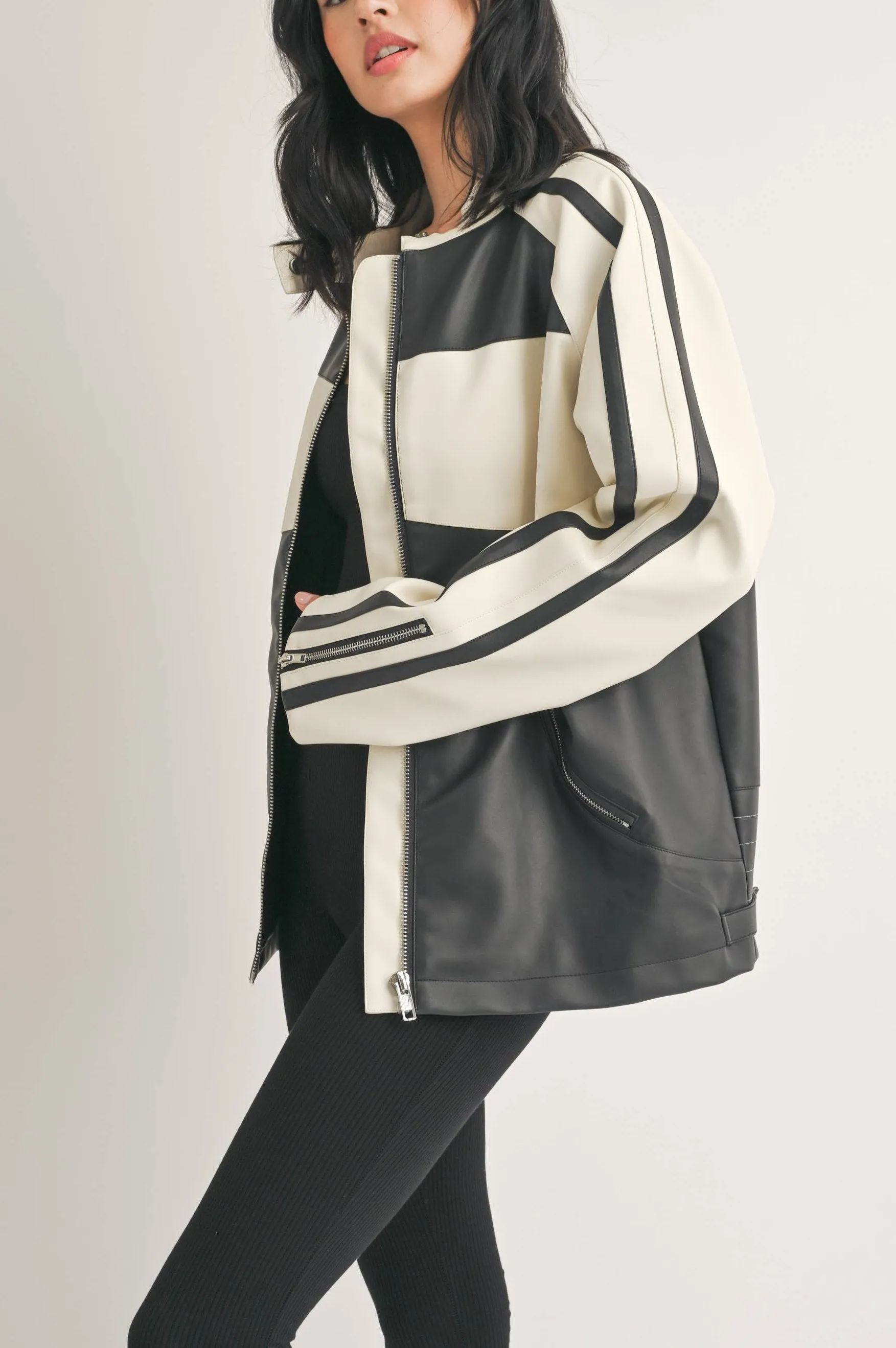 Faux Leather Moto Jacket -  Ivory/Black LAST ONE!