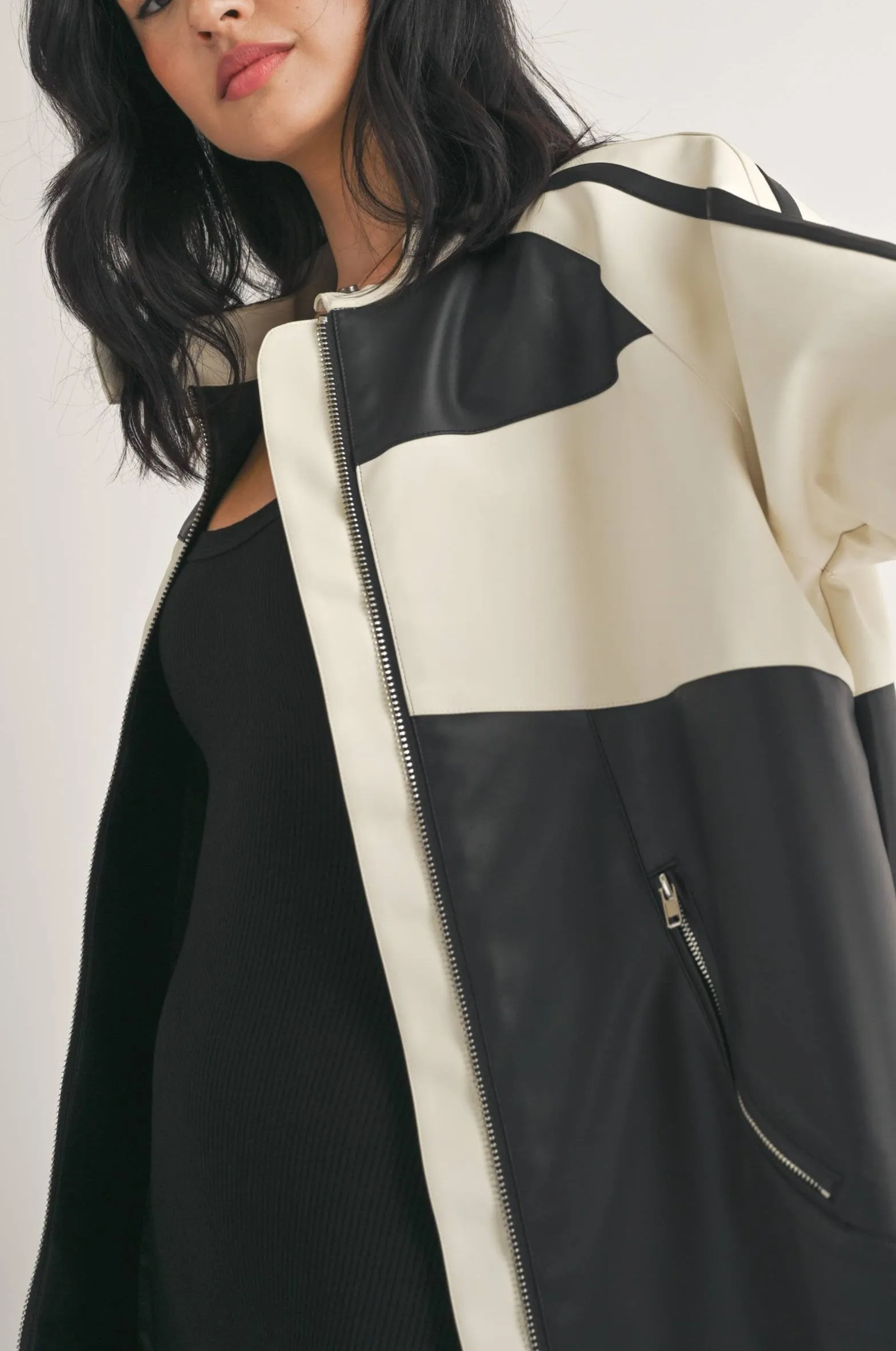 Faux Leather Moto Jacket -  Ivory/Black LAST ONE!