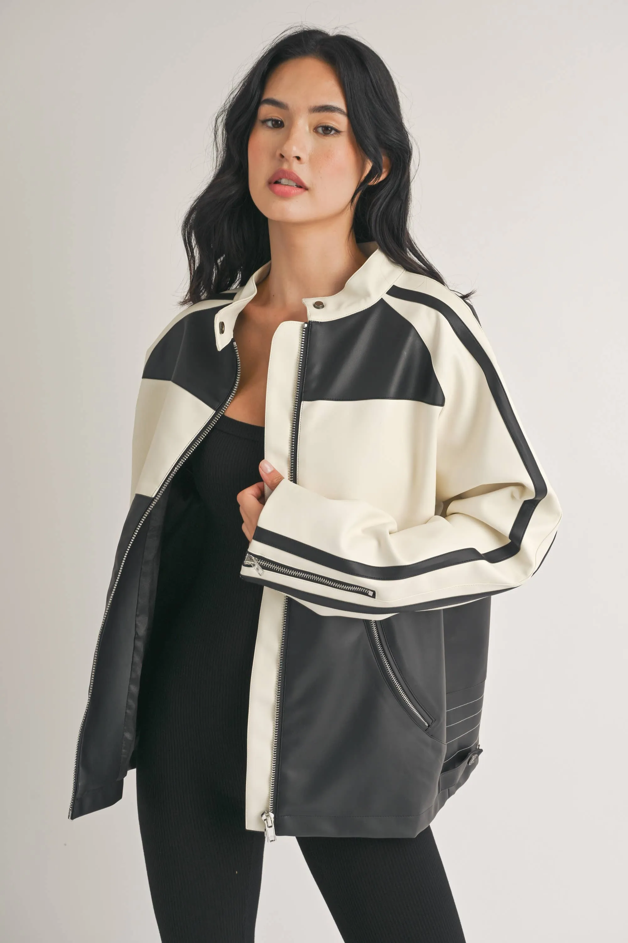 Faux Leather Moto Jacket -  Ivory/Black LAST ONE!