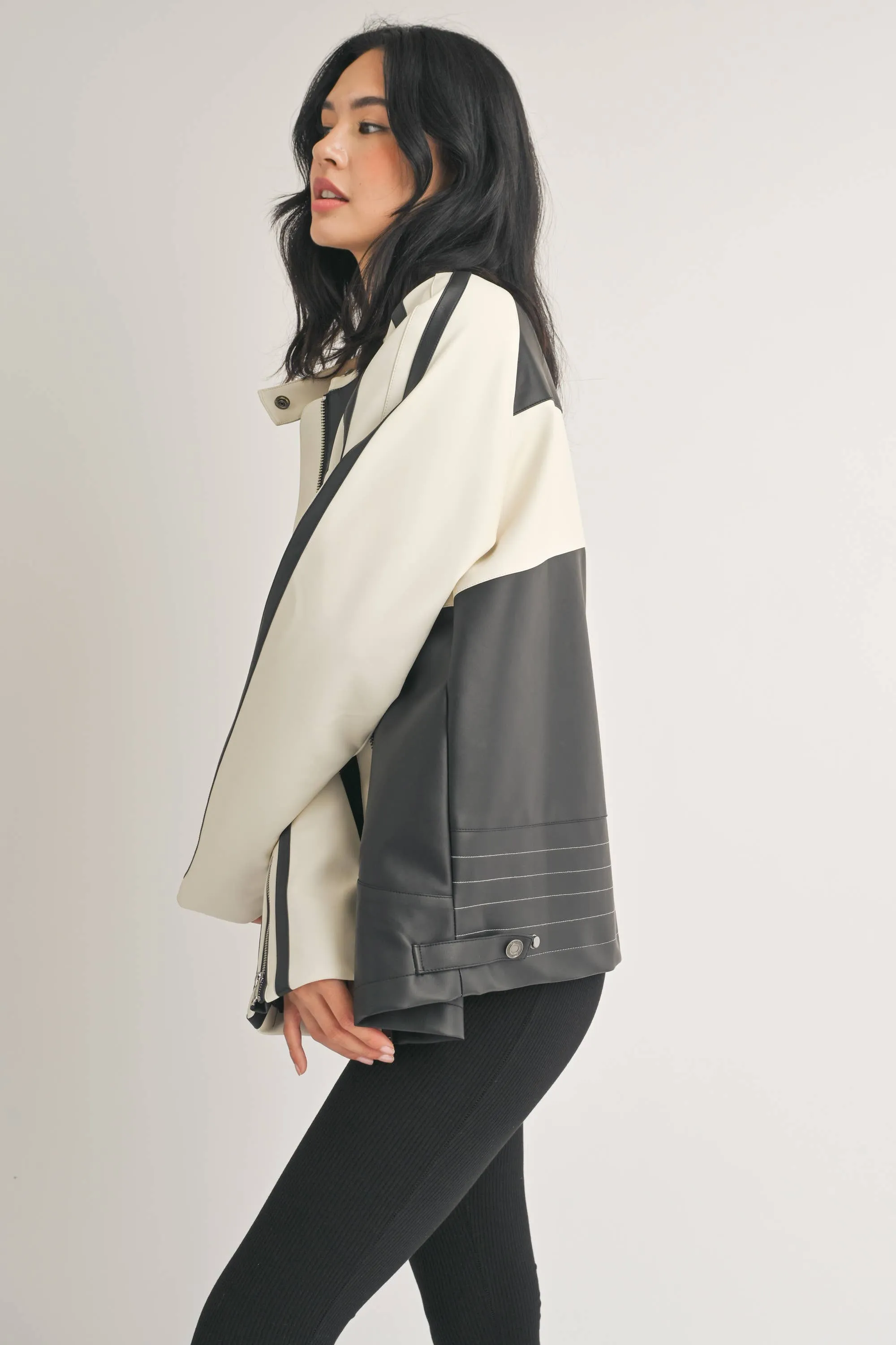 Faux Leather Moto Jacket -  Ivory/Black LAST ONE!