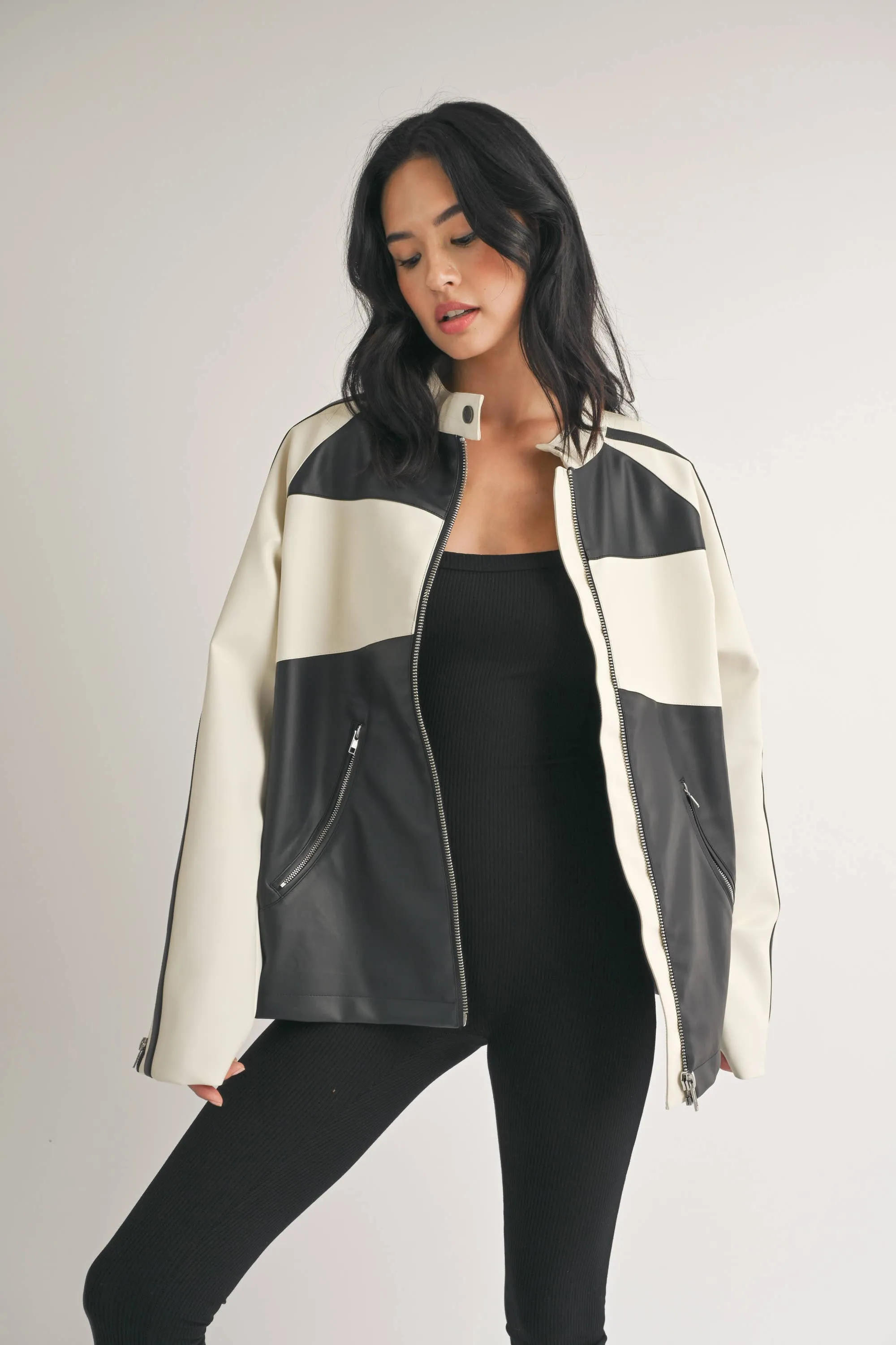 Faux Leather Moto Jacket -  Ivory/Black LAST ONE!