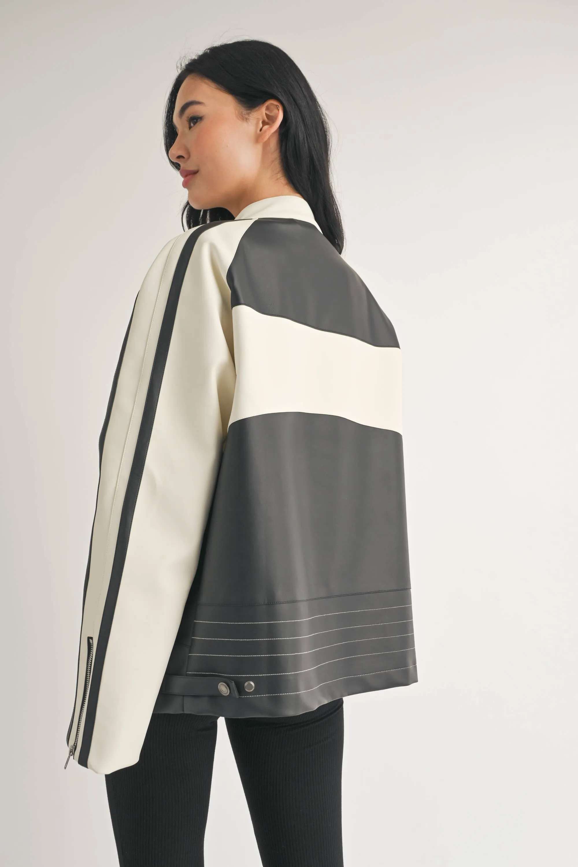 Faux Leather Moto Jacket -  Ivory/Black LAST ONE!