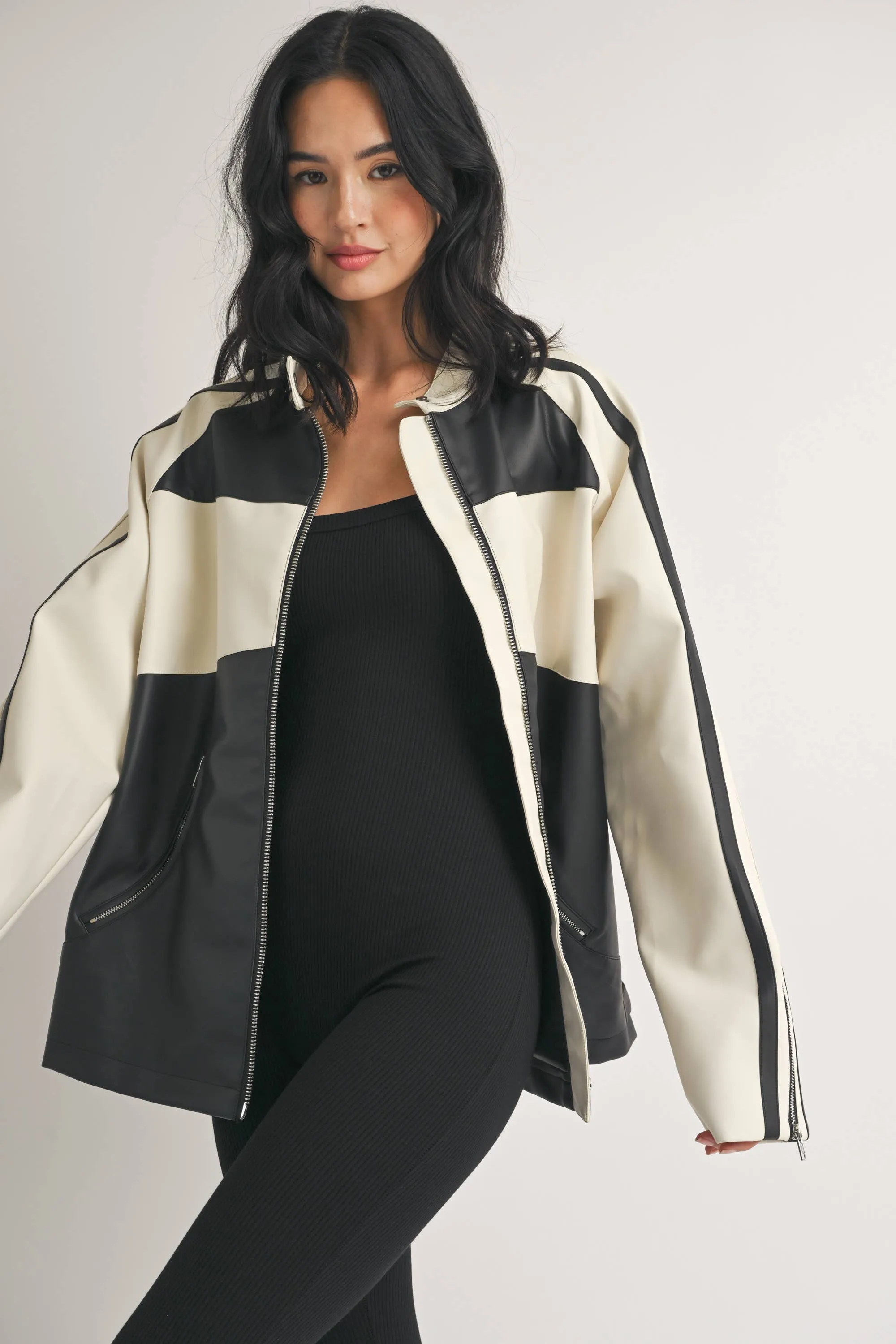 Faux Leather Moto Jacket -  Ivory/Black LAST ONE!