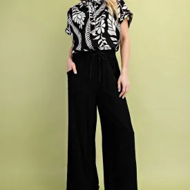 Frayed Cropped Wide Leg Pants, Black