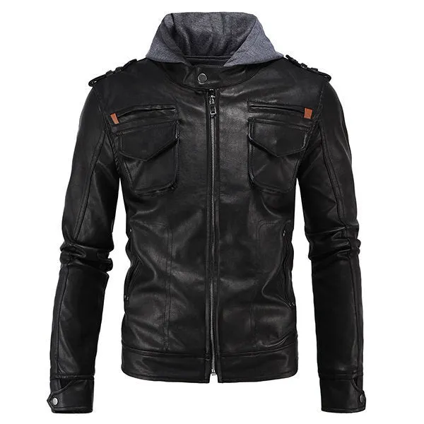 Hooded Epaulet Faux Leather Jacket