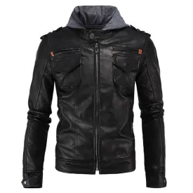 Hooded Epaulet Faux Leather Jacket