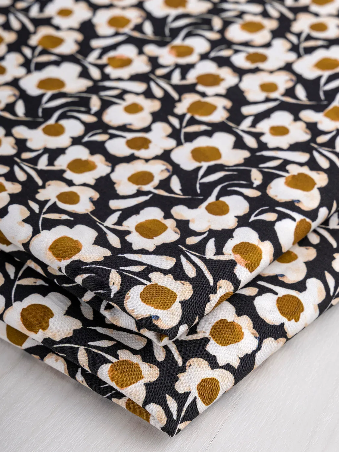 Illustrated Daisy Print Cotton Poplin - Black   White   Ochre