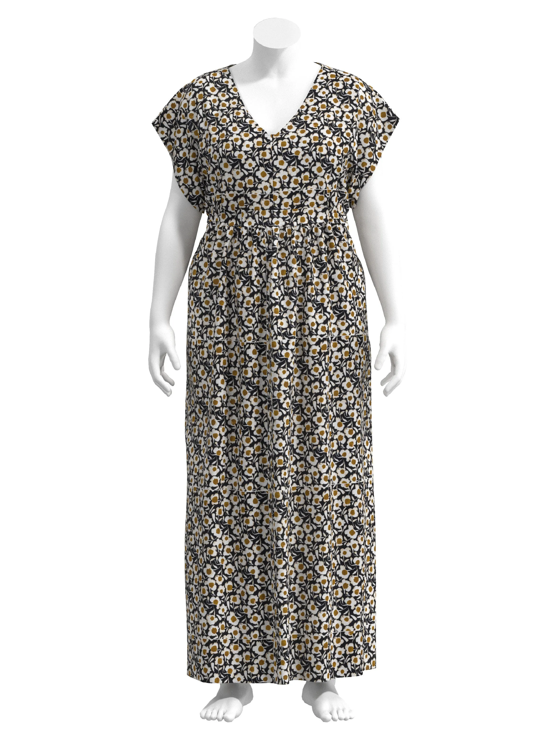Illustrated Daisy Print Cotton Poplin - Black   White   Ochre