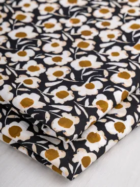 Illustrated Daisy Print Cotton Poplin - Black   White   Ochre