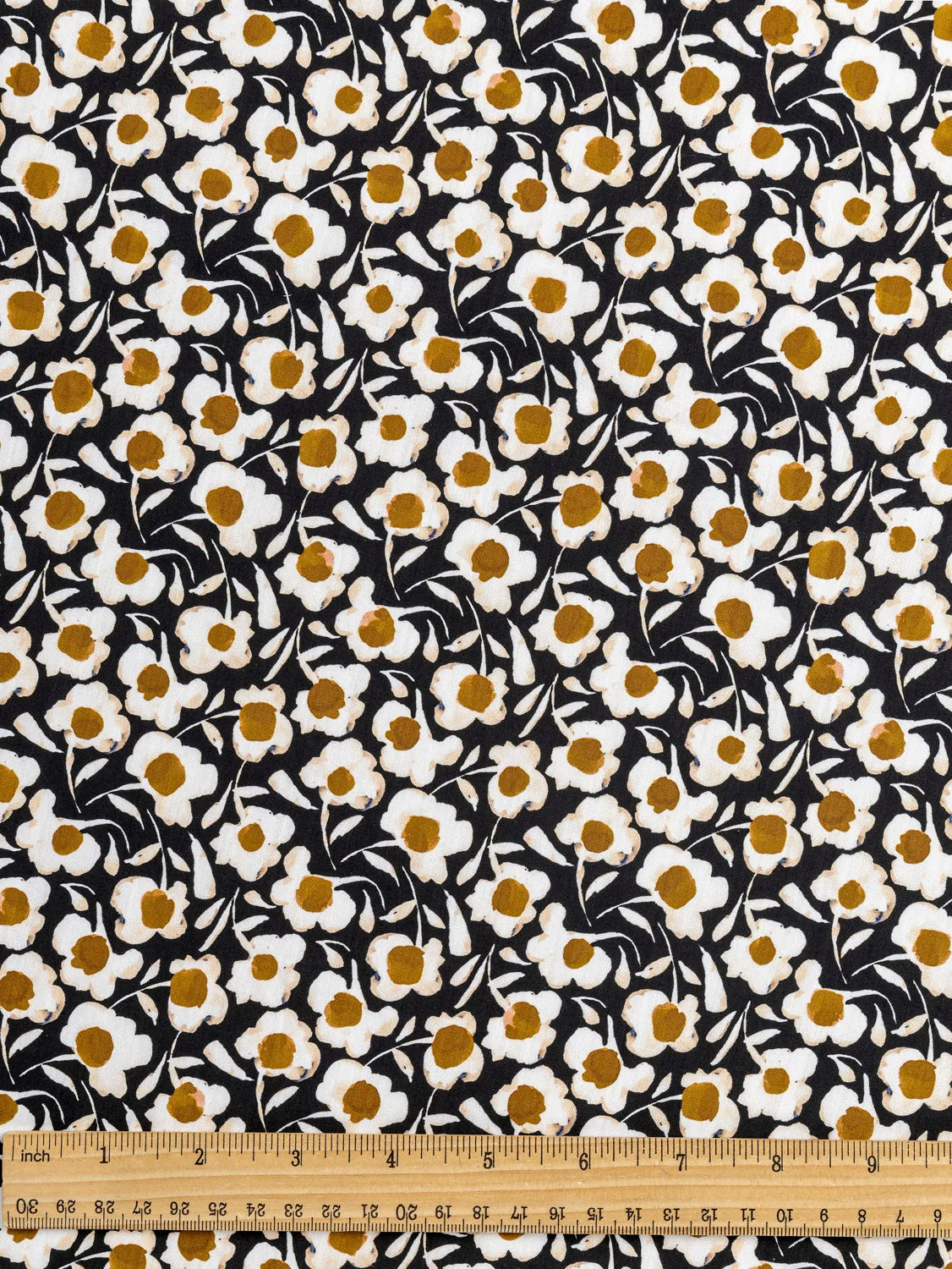 Illustrated Daisy Print Cotton Poplin - Black   White   Ochre