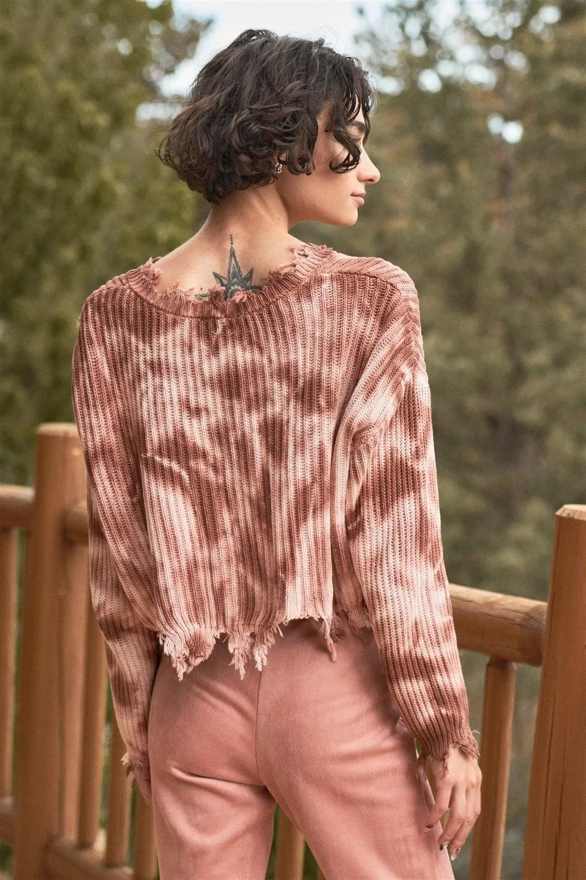 Knit Frayed Hem Trim V-Neck Drop Shoulder Distressed Crop Sweater Top /3-2-1