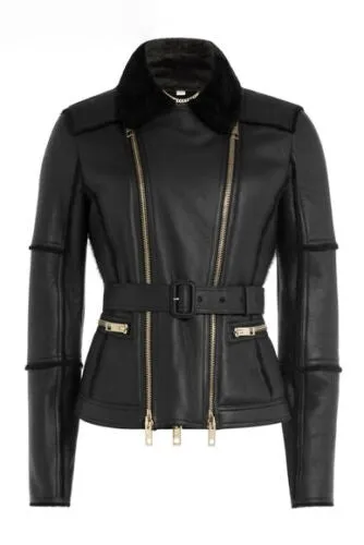 New Stylish Real Leather and Faux Shearling Biker Moto Jacket Black