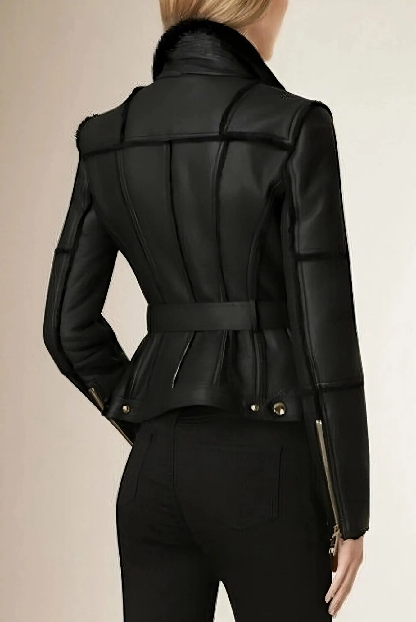 New Stylish Real Leather and Faux Shearling Biker Moto Jacket Black