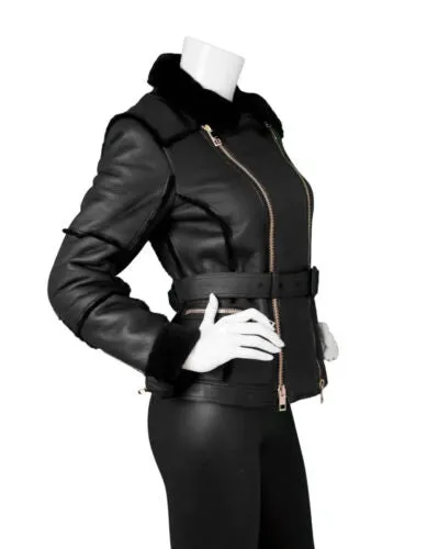 New Stylish Real Leather and Faux Shearling Biker Moto Jacket Black