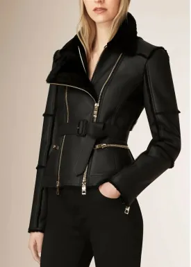 New Stylish Real Leather and Faux Shearling Biker Moto Jacket Black