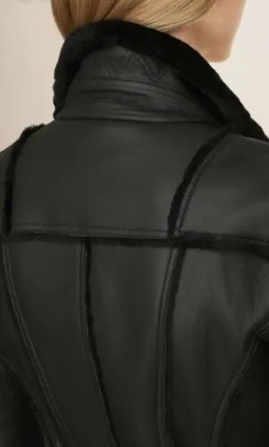 New Stylish Real Leather and Faux Shearling Biker Moto Jacket Black