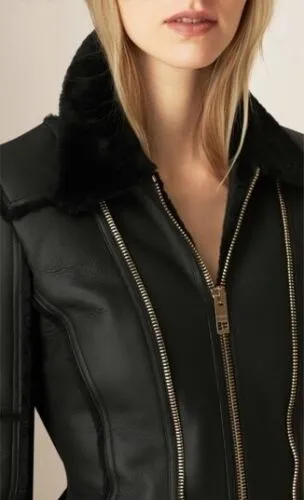 New Stylish Real Leather and Faux Shearling Biker Moto Jacket Black