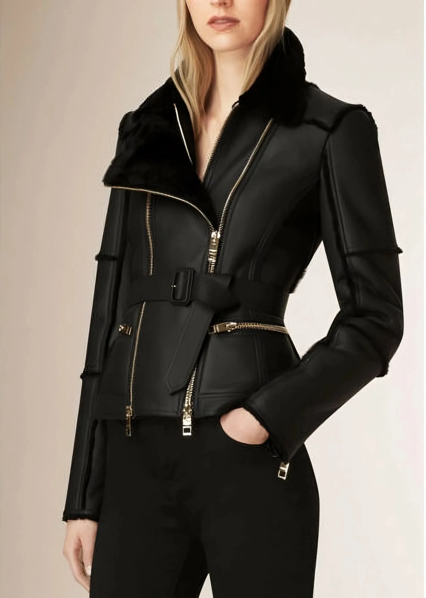 New Stylish Real Leather and Faux Shearling Biker Moto Jacket Black