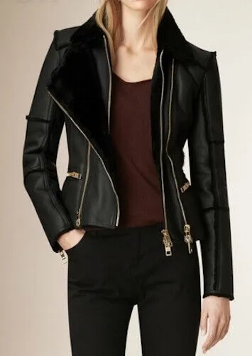 New Stylish Real Leather and Faux Shearling Biker Moto Jacket Black