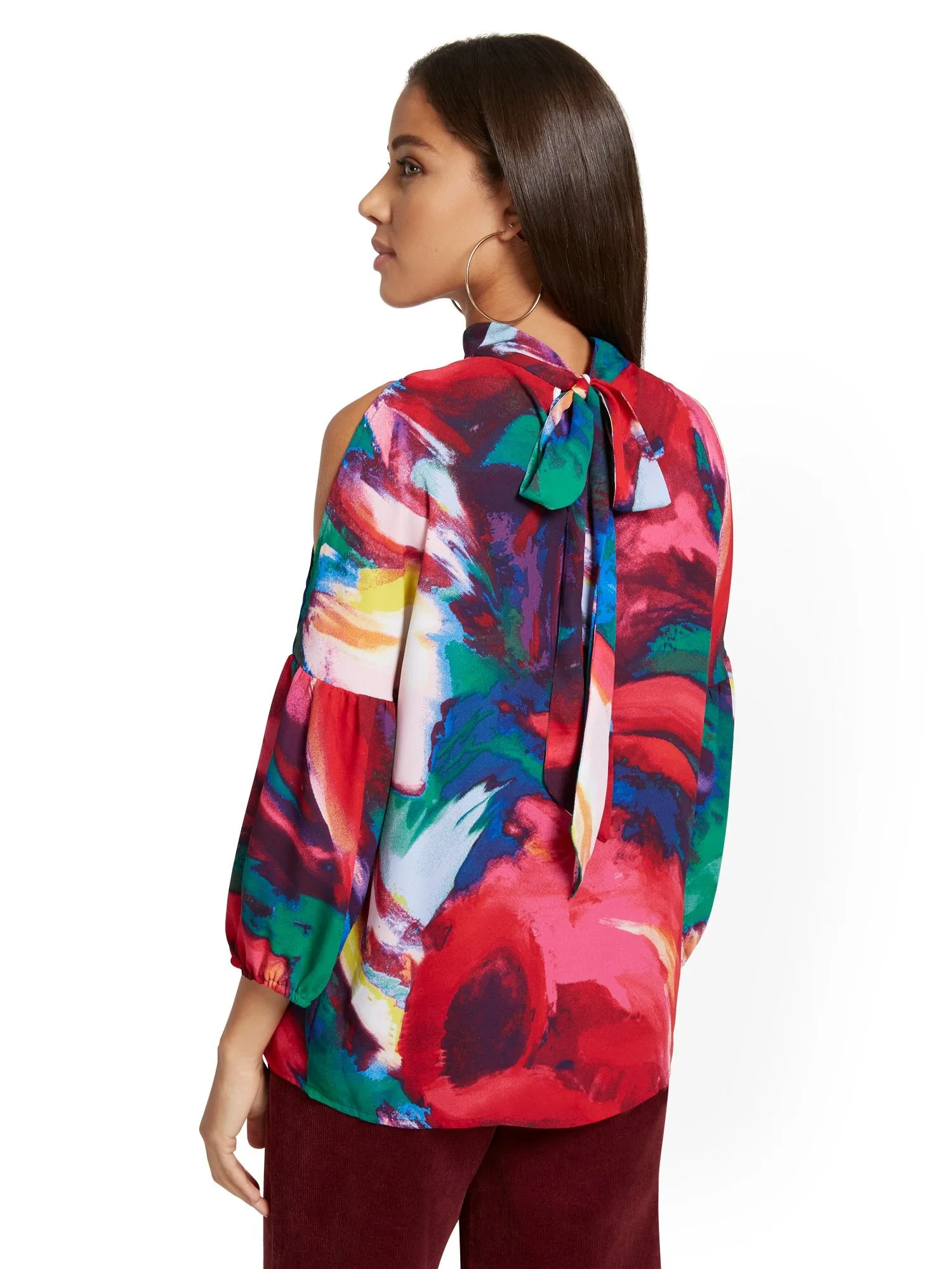 Printed Cold-Shoulder Balloon-Sleeve Blouse