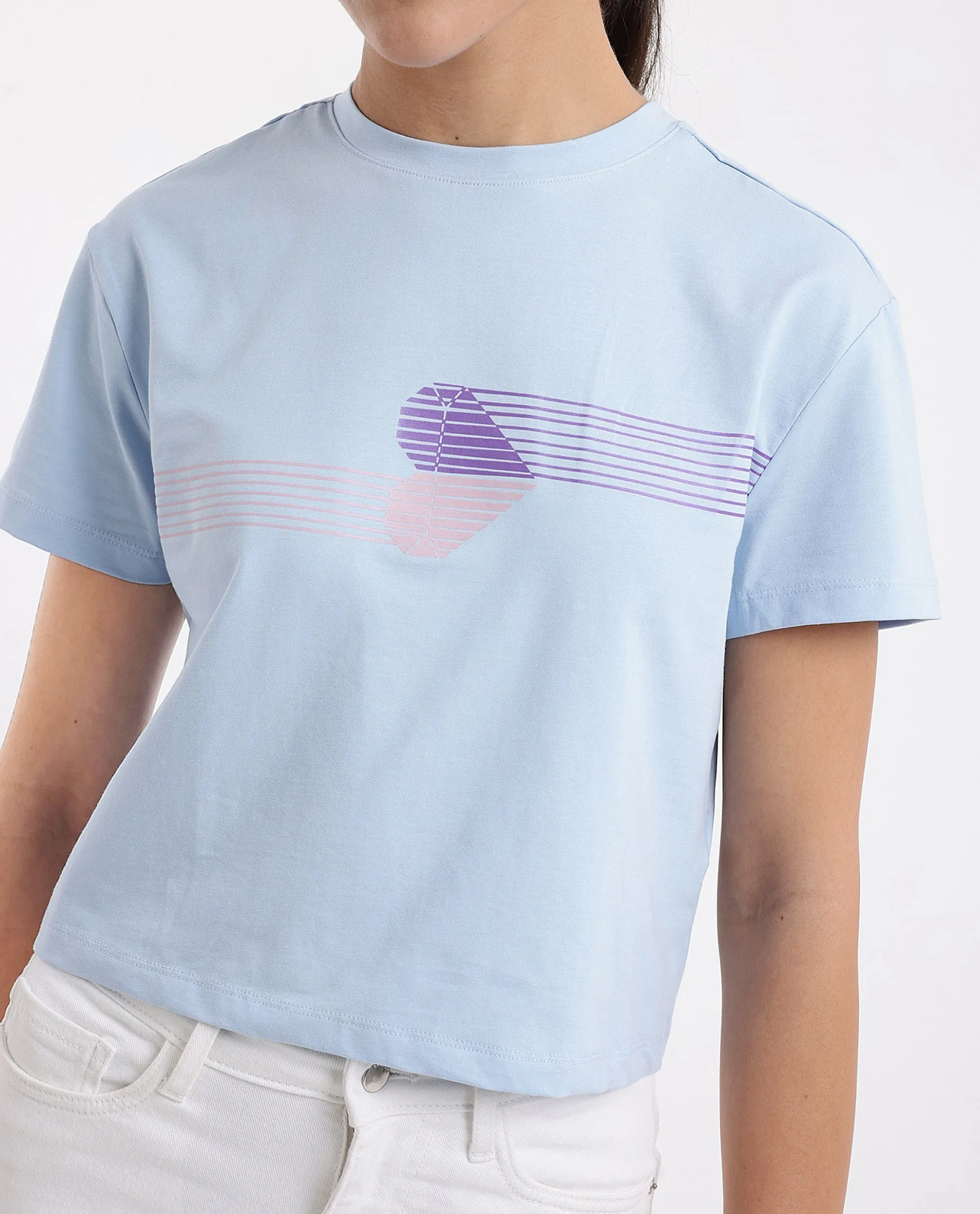 Rareism Women Kuncro Light Blue Cotton Elastane Fabric Crew Neck Knit Solid T-Shirt