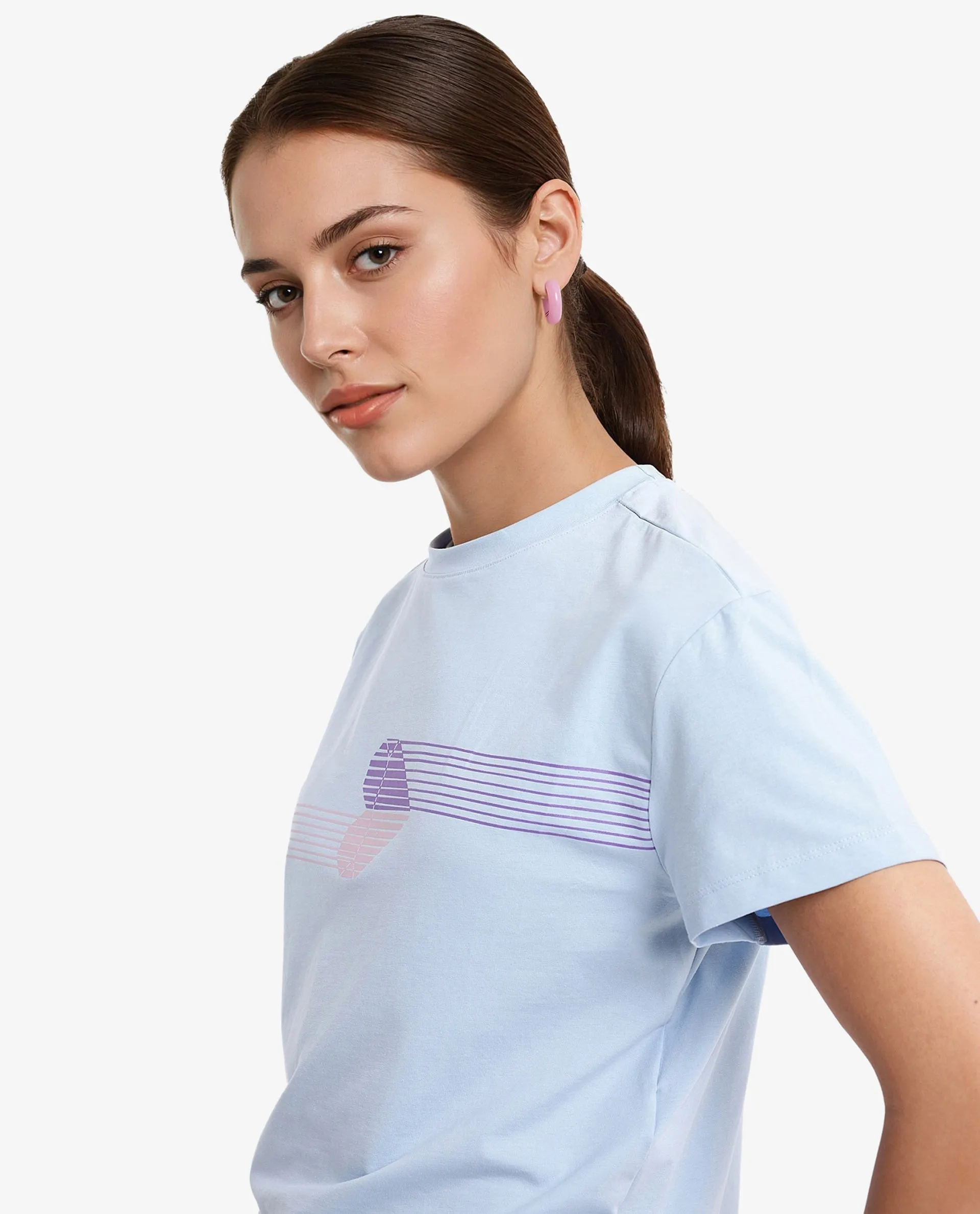 Rareism Women Kuncro Light Blue Cotton Elastane Fabric Crew Neck Knit Solid T-Shirt